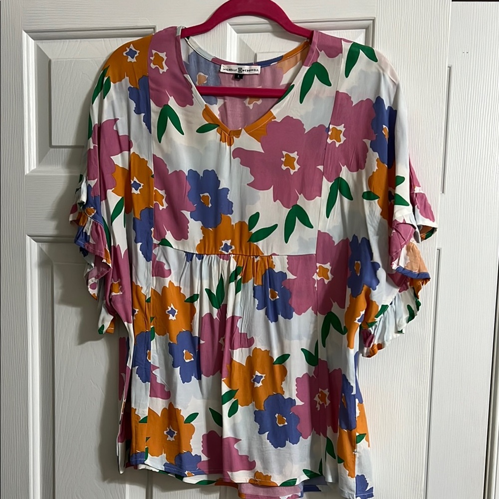 Michelle McDowell Short Sleeve Floral Print Ruffle Top Size Large